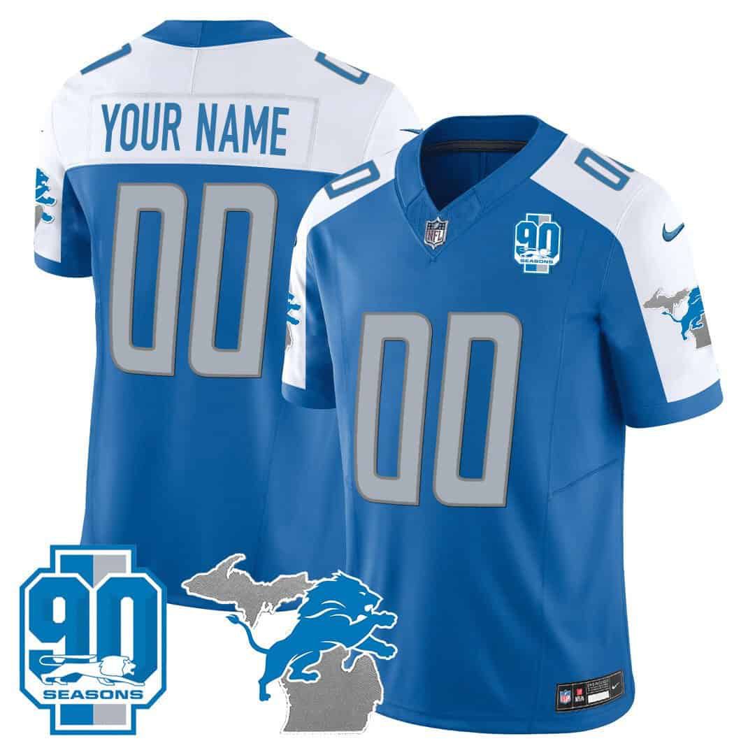 Men Detroit Lions Blue 2024 Nike 90th Year Michigan Patch Custom Vapor NFL Jersey